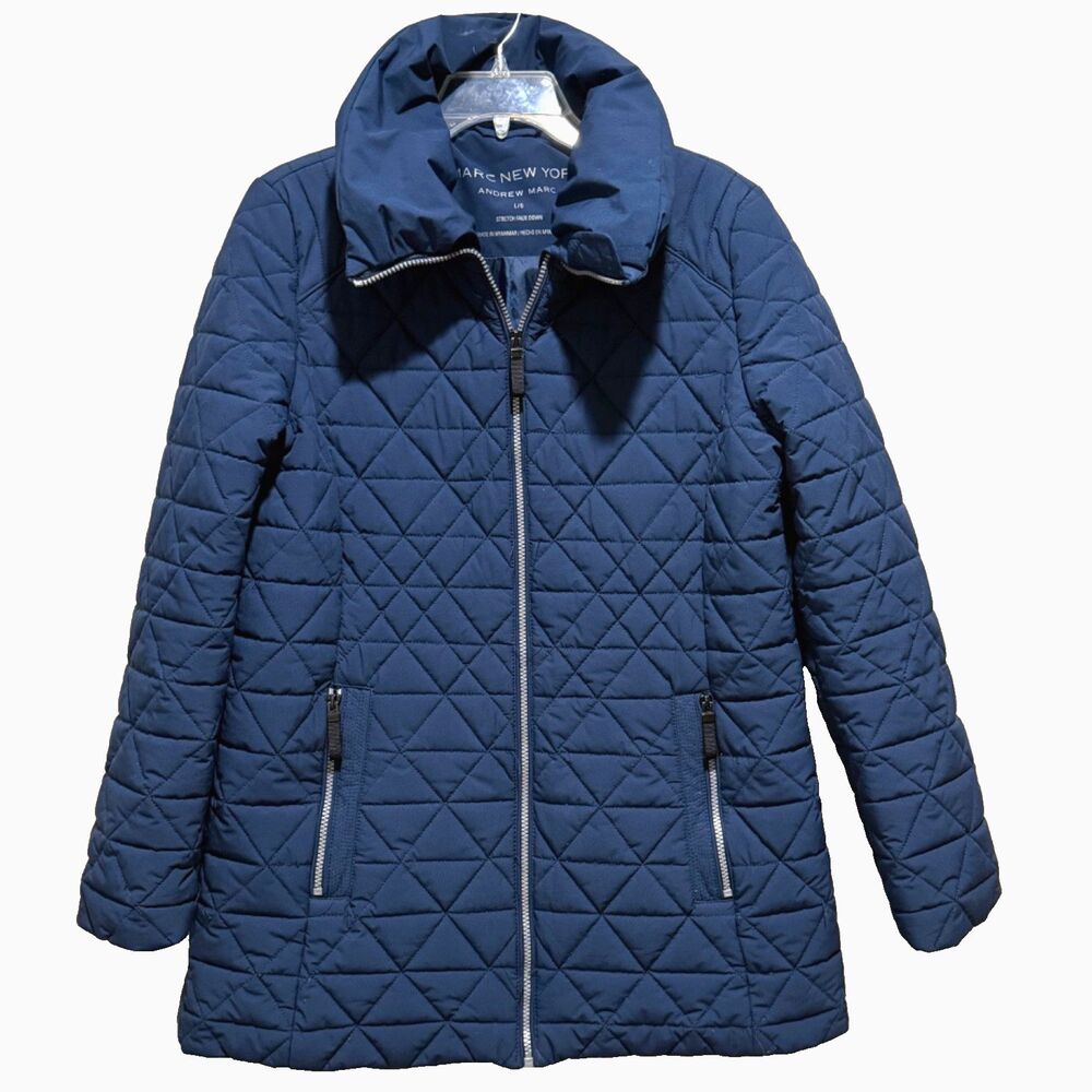 Marc New York Andrew Marc Navy Quilted Parka Coat Puffer Jacket Faux Down Zip L